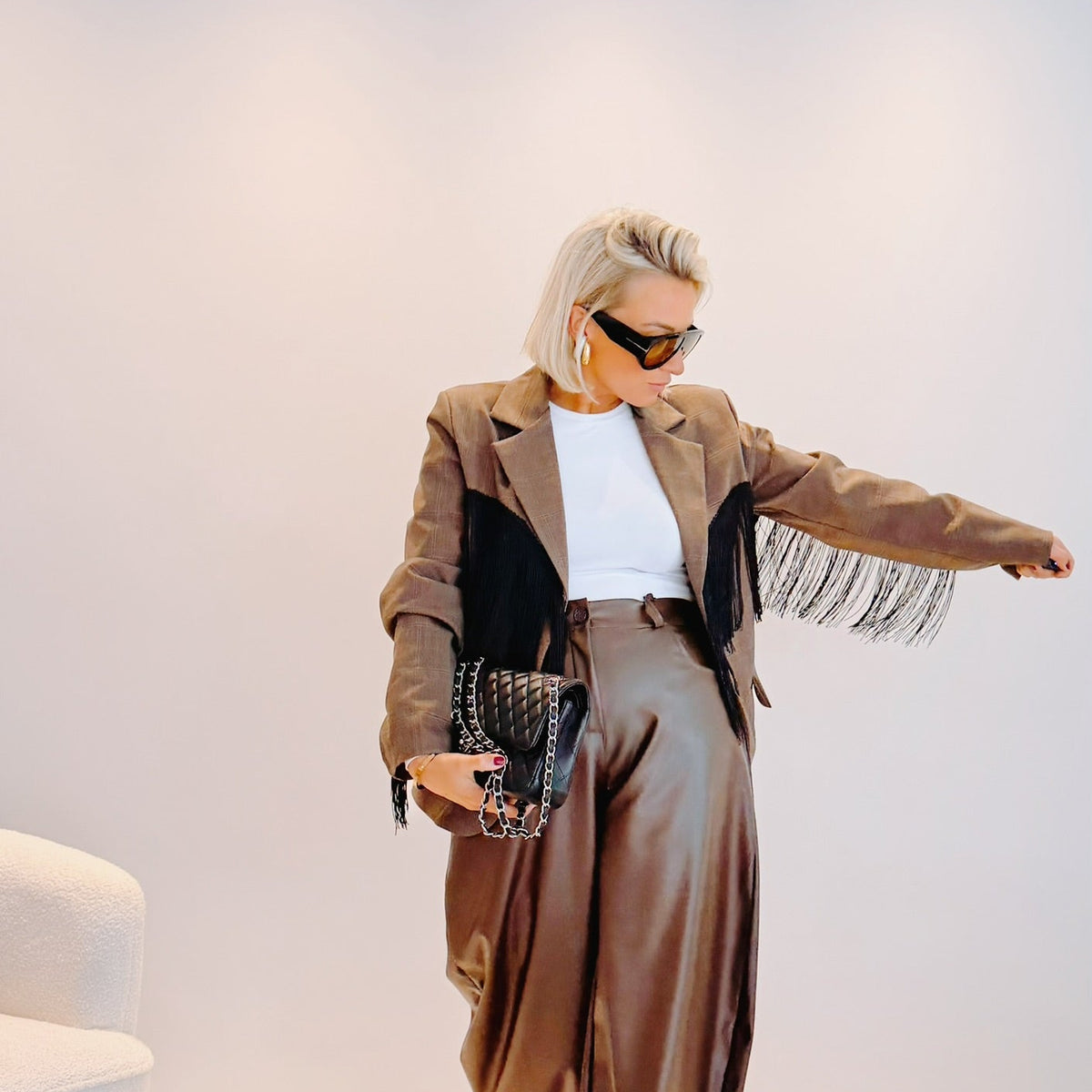 Blazer Oscar – Prince-de-Galles marron à franges noires