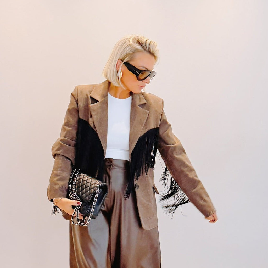 Blazer Oscar – Prince-de-Galles marron à franges noires