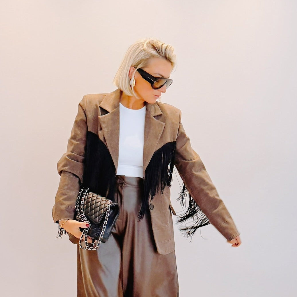 Blazer Oscar – Prince-de-Galles marron à franges noires