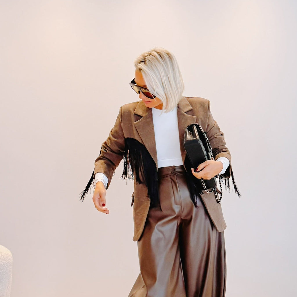 Blazer Oscar – Prince-de-Galles marron à franges noires