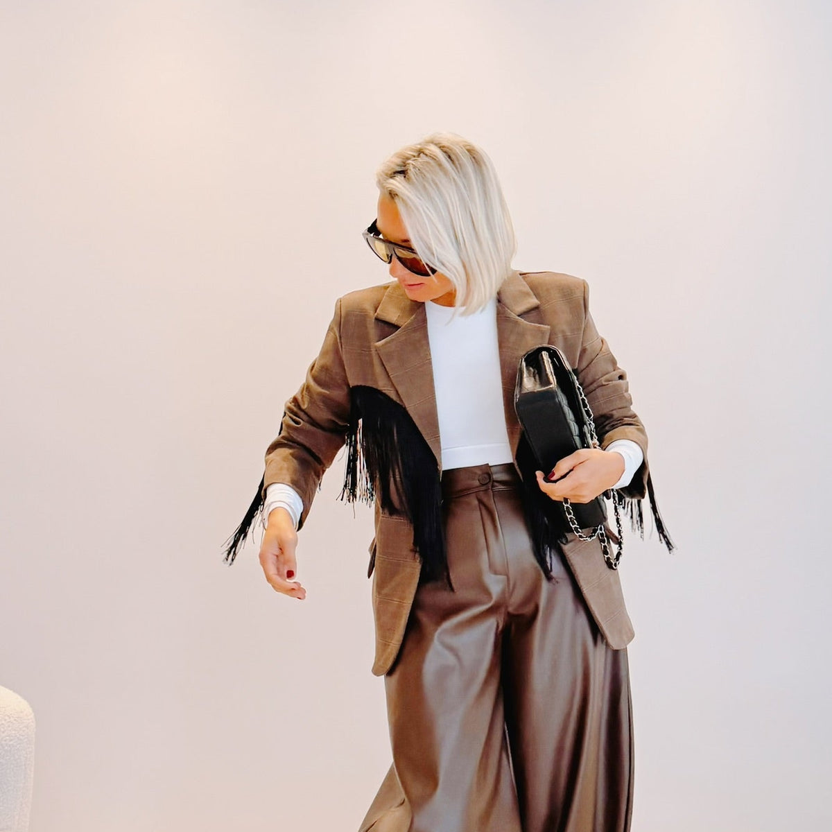Blazer Oscar – Prince-de-Galles marron à franges noires