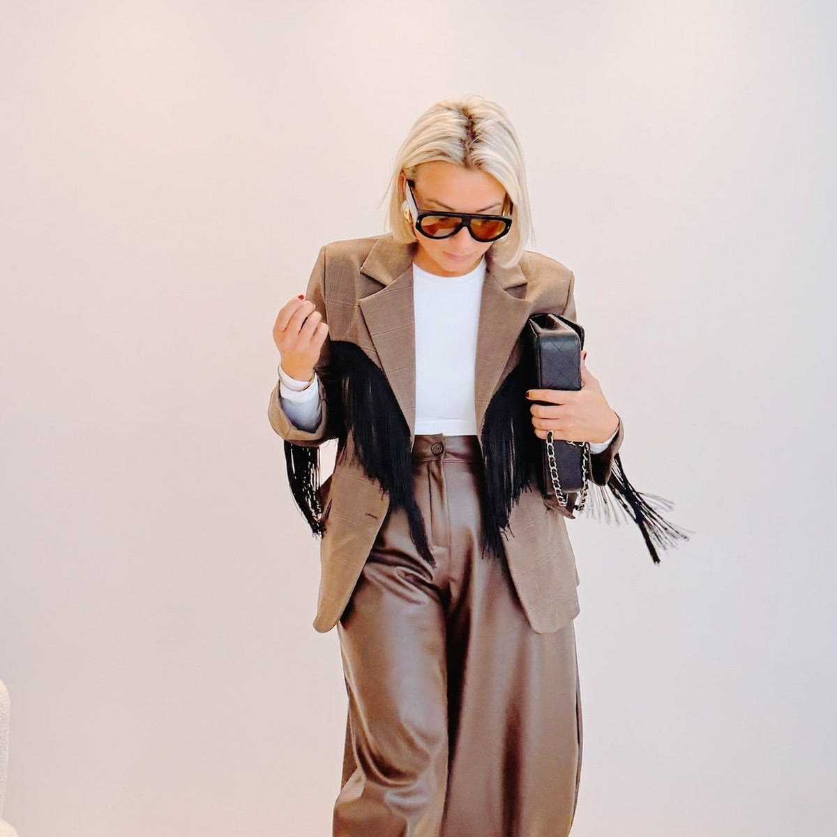 Blazer Oscar – Prince-de-Galles marron à franges noires