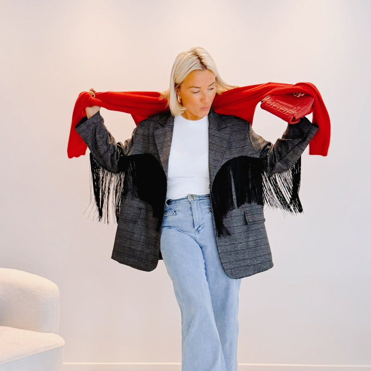 Blazer Auguste – Prince-de-Galles gris à franges noires