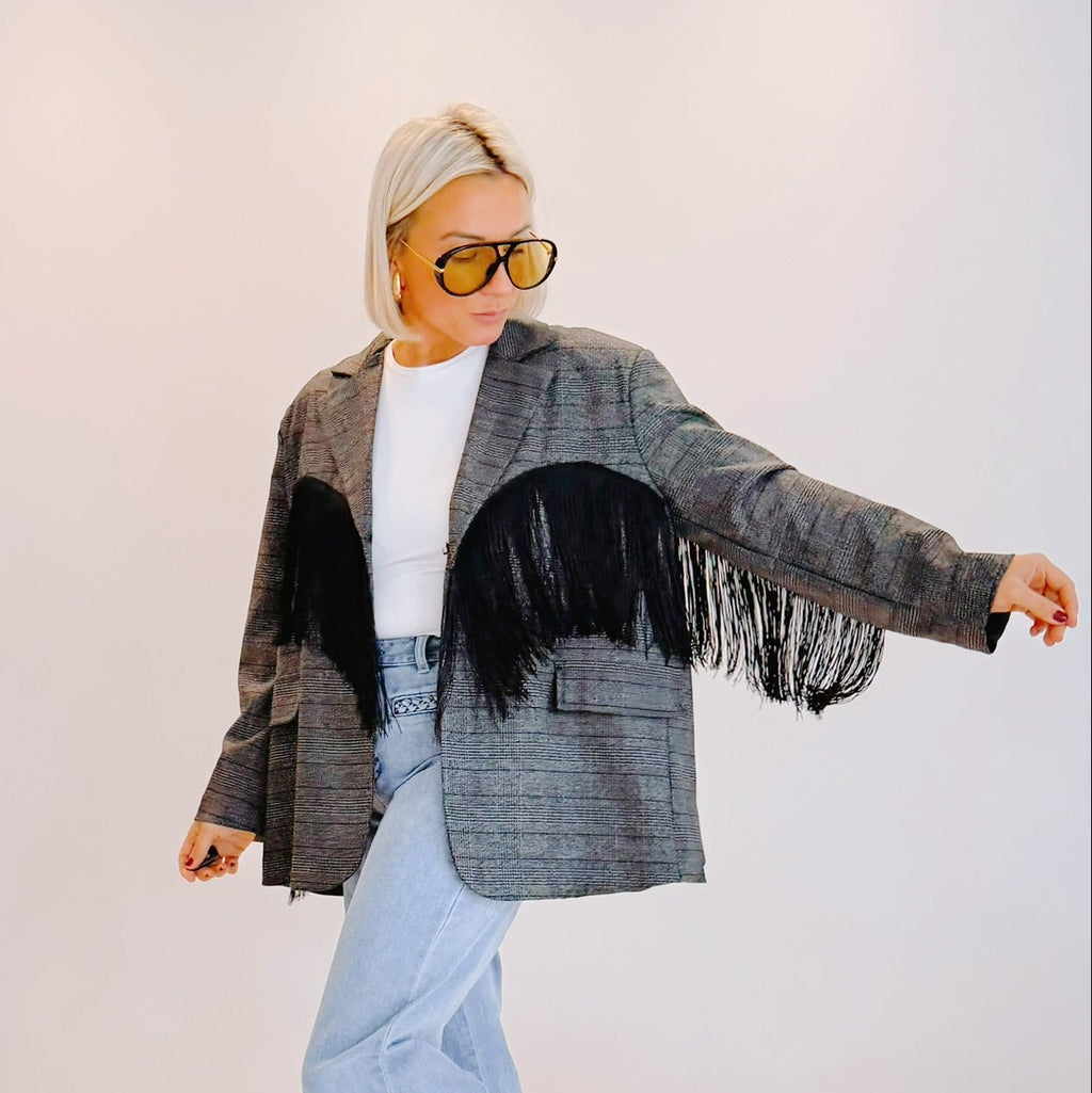 Blazer Auguste – Prince-de-Galles gris à franges noires