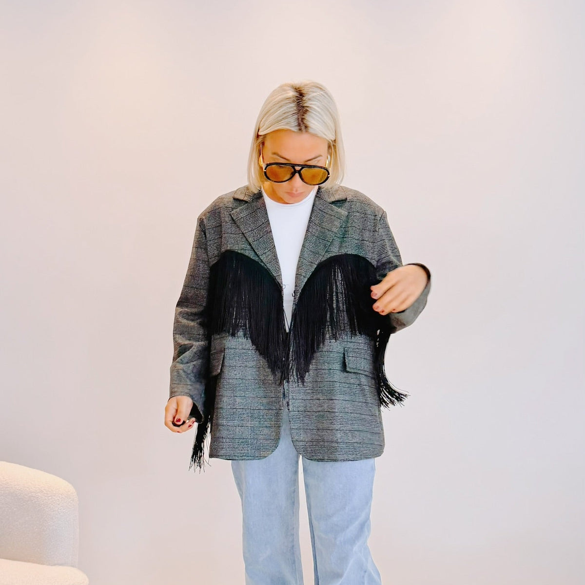 Blazer Auguste – Prince-de-Galles gris à franges noires