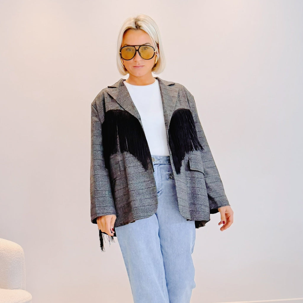 Blazer Auguste – Prince-de-Galles gris à franges noires