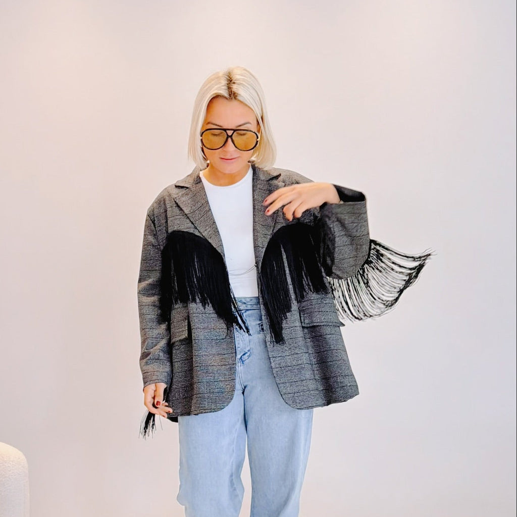 Blazer Auguste – Prince-de-Galles gris à franges noires