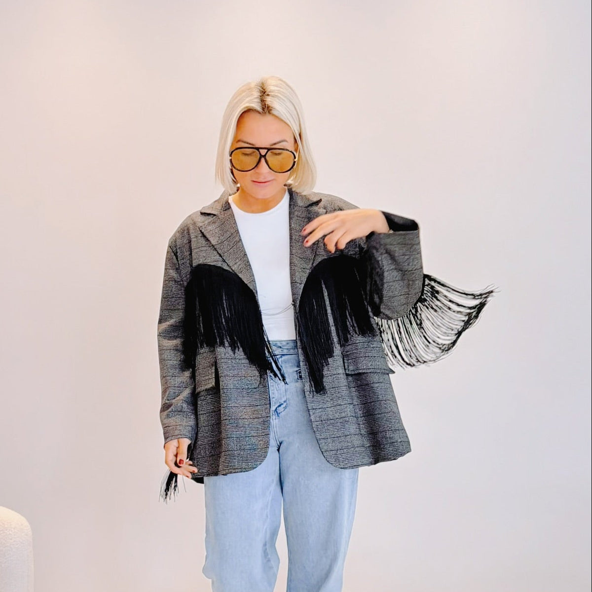 Blazer Auguste – Prince-de-Galles gris à franges noires