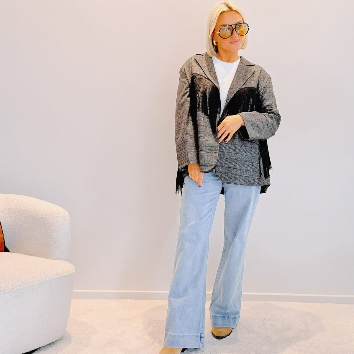 Blazer Auguste – Prince-de-Galles gris à franges noires