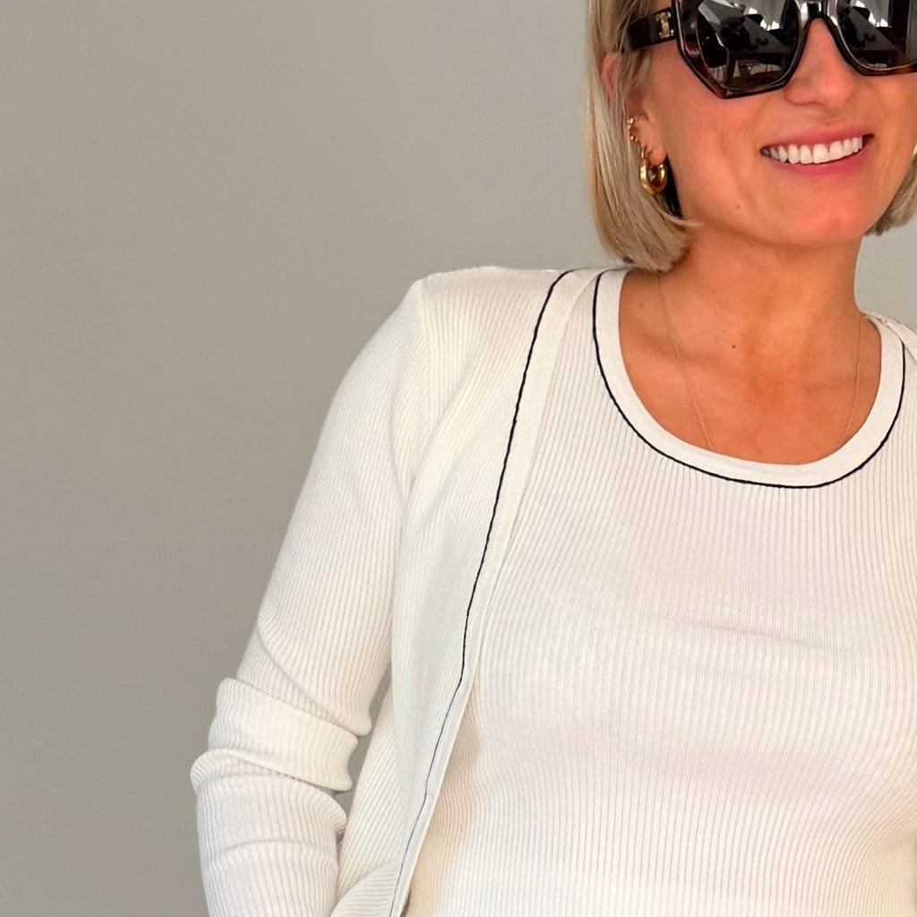 Ensemble femme chic – ensemble gilet et débardeur – ensemble blanc élégant – ensemble deux pièces femme – tenue minimaliste chic – ensemble été femme – look élégant femme