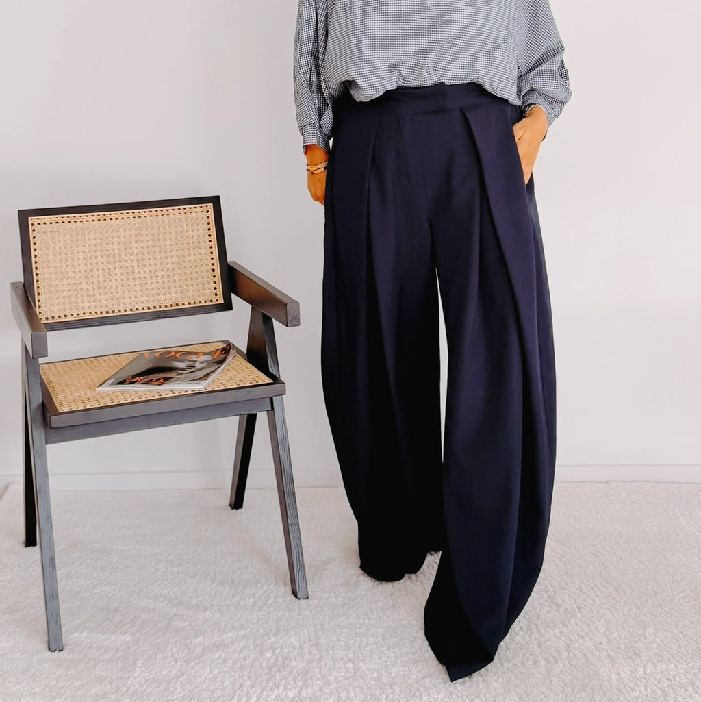 Pantalon large bleu marine femme effet portefeuille – Marius