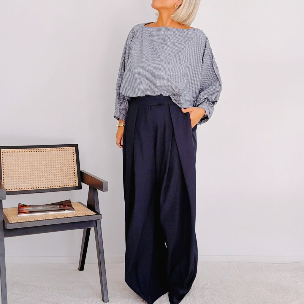 Pantalon large bleu marine femme effet portefeuille – Marius