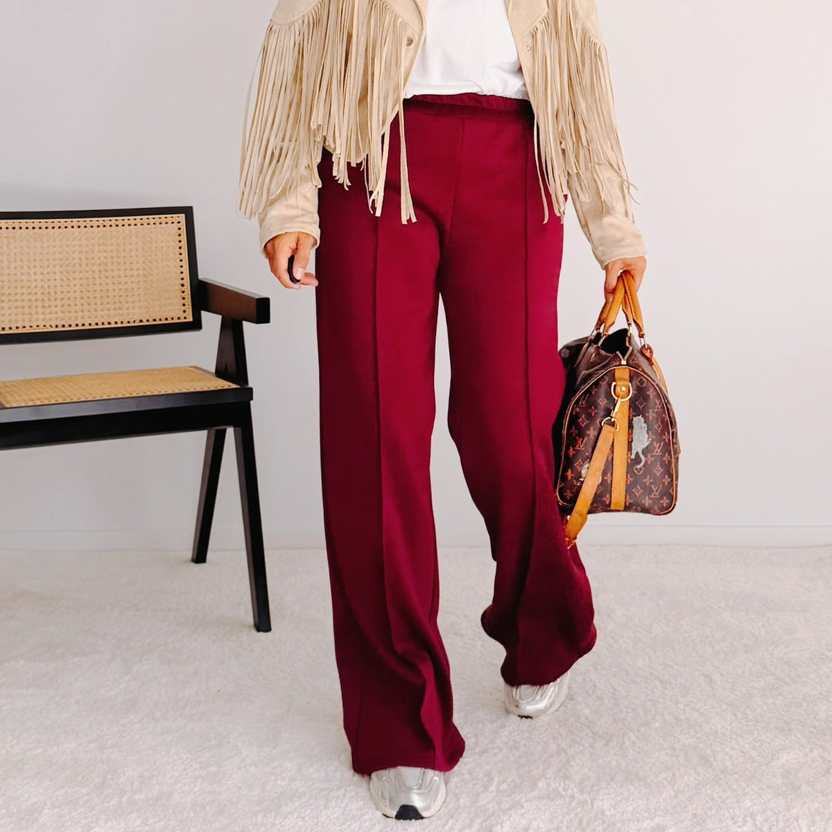 Pantalon large bordeaux femme taille élastique – Lio