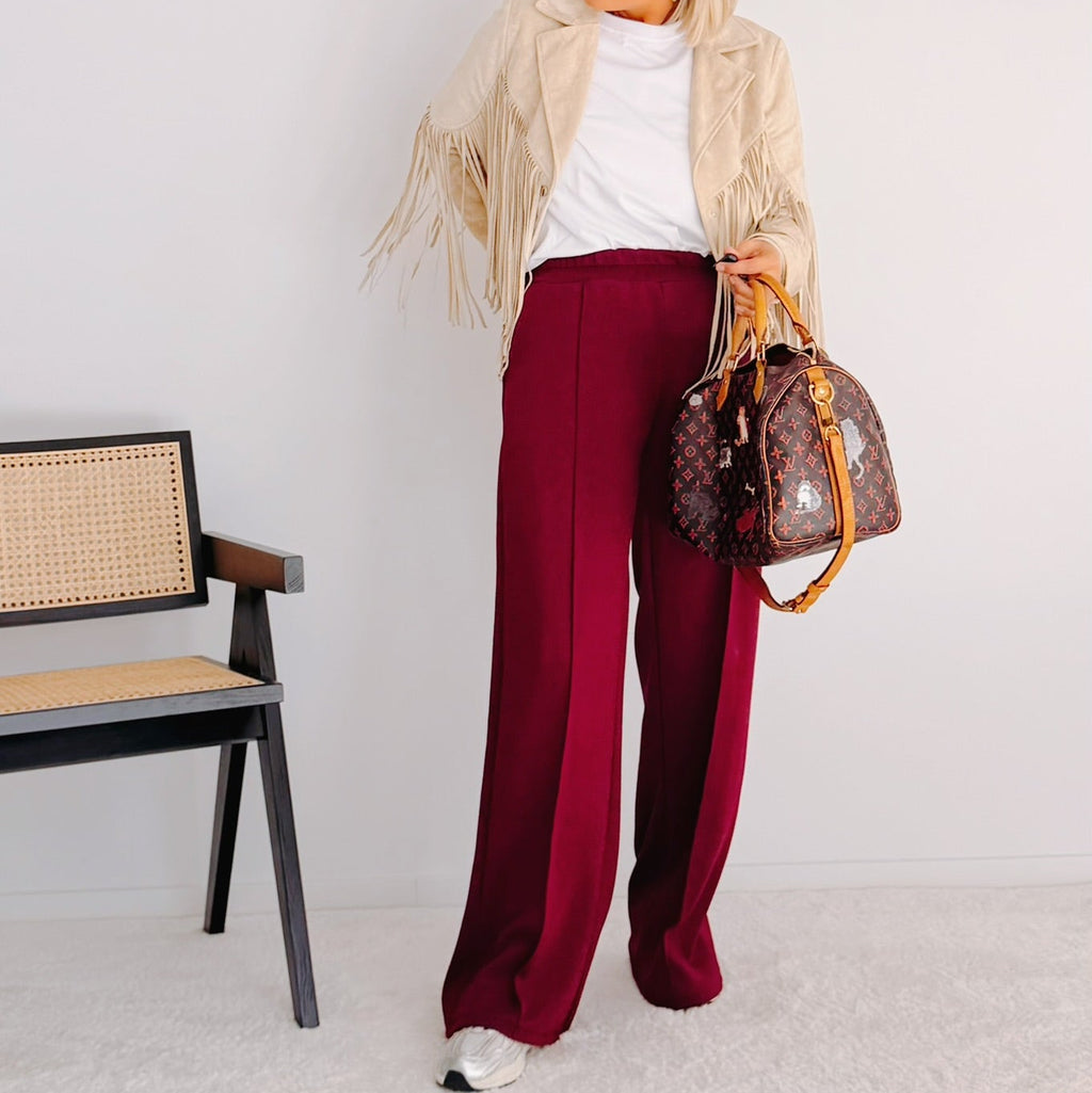 Pantalon large bordeaux femme taille élastique – Lio