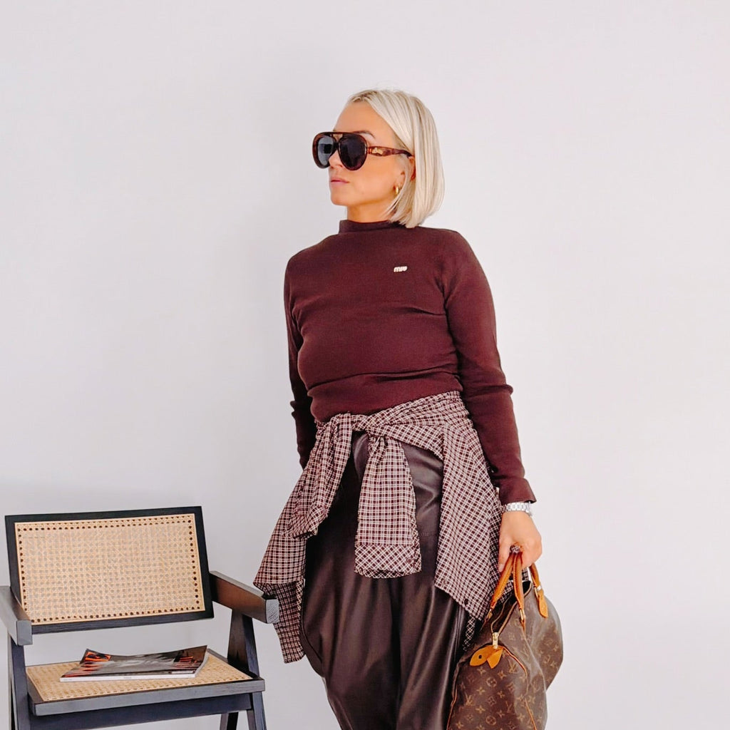 Pull brun chocolat femme col montant – Miu