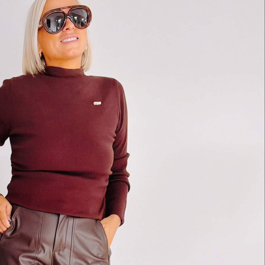 Pull brun chocolat femme col montant – Miu